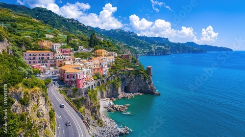 Scenic Coastal View of Colorful Houses Along Rugged Cliffside Next to Bright Blue Ocean Water Under Clear Sky