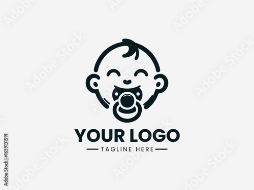 Joyful happy baby with pacifier and sparkling eyes in cheerful vector logo
