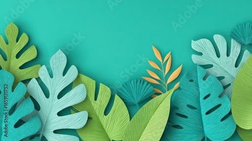 A vibrant arrangement of stylized tropical leaves in various shades of green blue and yellow against a teal background