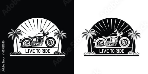 Vintage motorcycle with palm trees and sun rays, text live to ride, isolated on white background
