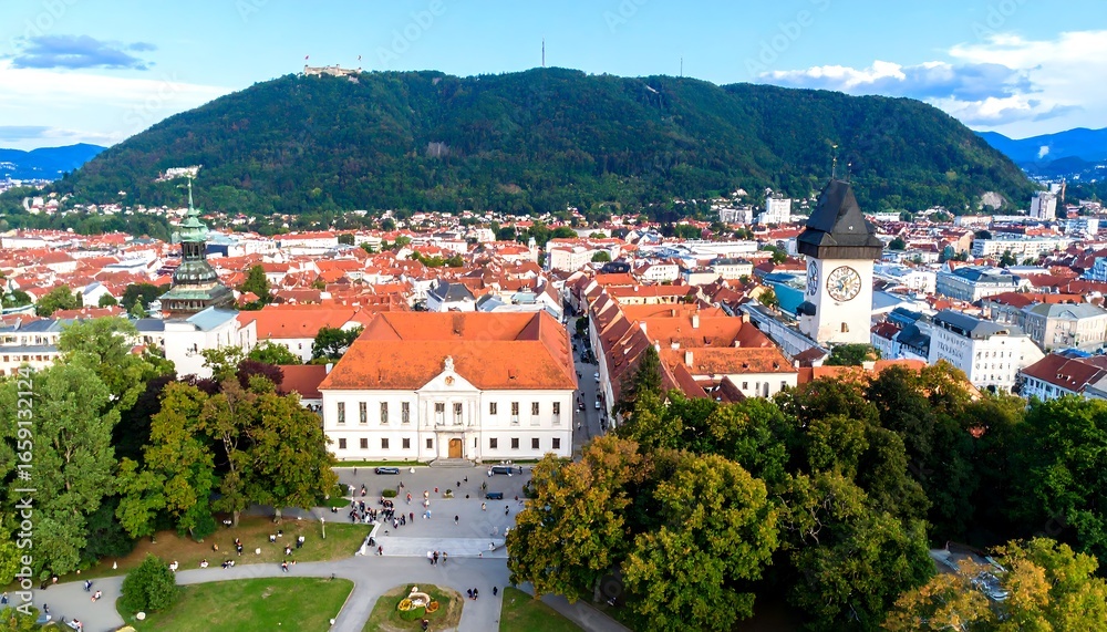 Obraz premium Panoramic cityscape view, historical buildings, lush green areas, mountain backdrop