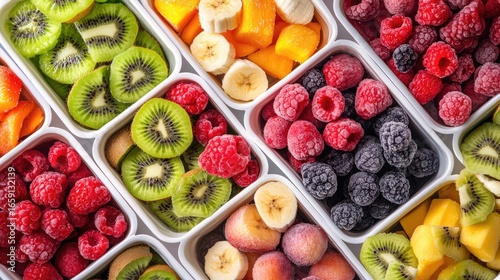 Fresh and Colorful Assortment of Chopped Fruits in Plastic Containers Perfect for Healthy Snacking or Smoothie Preparation