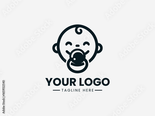Joyful happy baby with pacifier and sparkling eyes in cheerful vector logo
