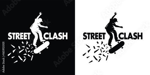 Skater performing a trick with text street clash and dynamic debris effect on black and white background, isolated on white background