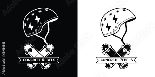 Skateboarding helmet with lightning and stars, text concrete rebels, isolated on black background