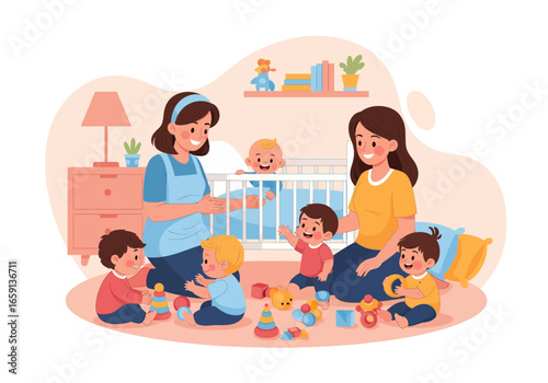Daycare illustration with babysitter, mother, and happy toddlers playing toys in colorful nursery room – childcare and family concept.