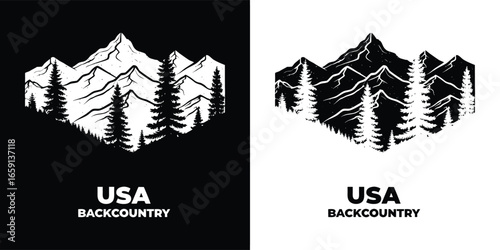 Mountains and pine trees with the text usa backcountry