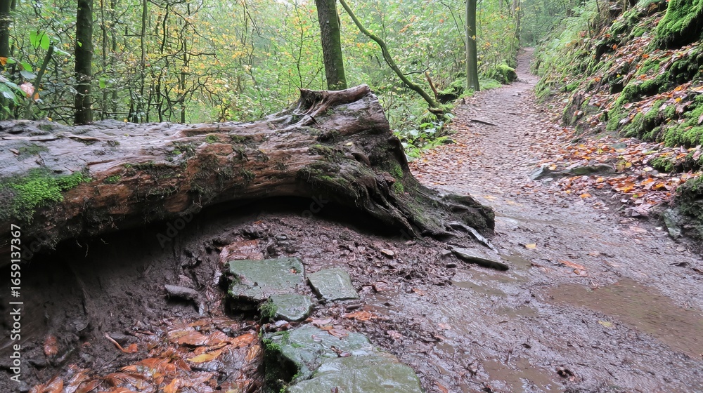 Fototapeta premium Fallen log on a muddy forest path