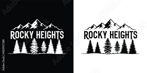 Rocky heights logo with mountains and pine trees, presented in both black and white versions for versatile design applications