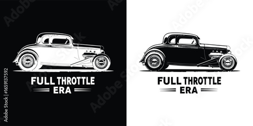 Full throttle era vintage hot rod car silhouette, black and white graphic design, isolated on white background