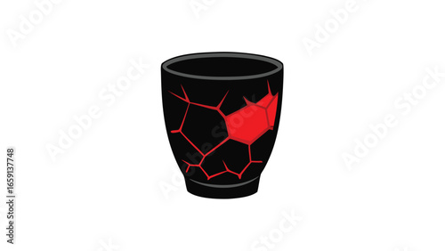 A black and red cup featuring a noticeable crack on its surface.
