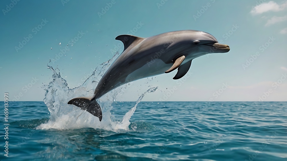 Fototapeta premium A dolphin leaps out of the ocean water with splashes under a clear blue sky during the daytime