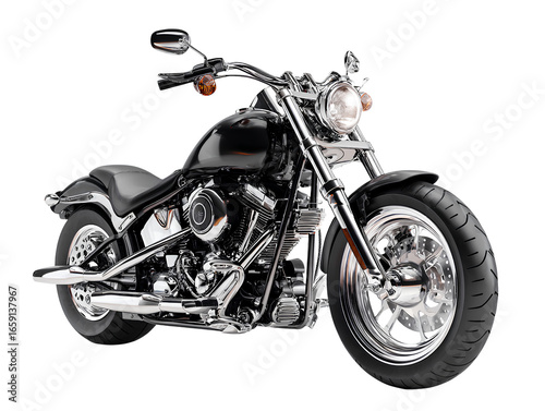 Side Profile of Black Cruiser Motorcycle with Matte Finish and Classic Design, Minimal Studio Lighting, Isolated on Transparent Background