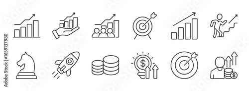 Result icon set vector illustration depicting various symbols of growth and success in business and personal development through charts and icons