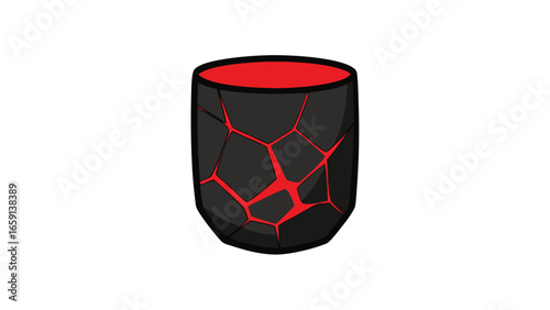  A black and red cup with a visible crack, indicating damage.
