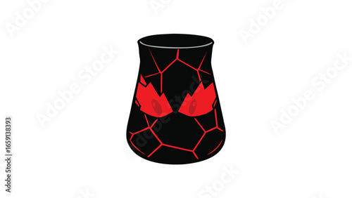  A black and red cup with a visible crack, indicating damage.
