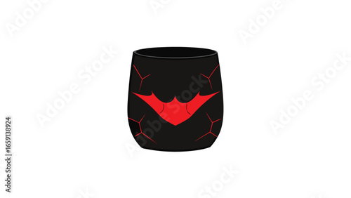  A black and red cup with a visible crack, indicating damage.
