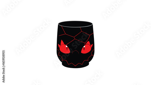  A black and red cup with a visible crack, indicating damage.
