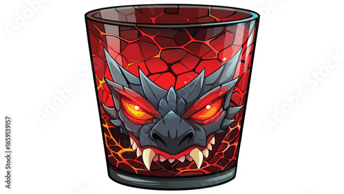  A black and red cup with a visible crack, indicating damage.
