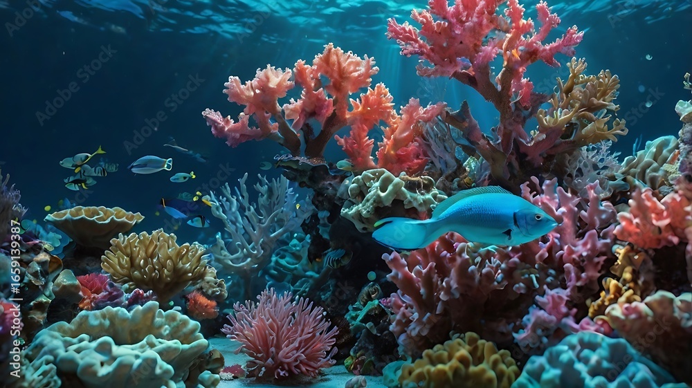Obraz premium A vibrant underwater scene showcasing colorful coral reefs and diverse marine life swimming gracefully around