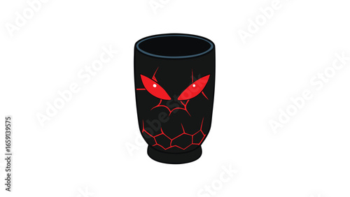 A black and red cup displaying a prominent crack along its side.