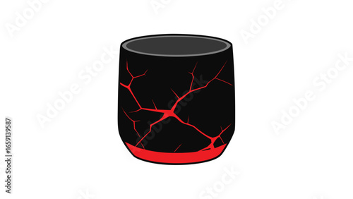 A black and red cup displaying a prominent crack along its side.