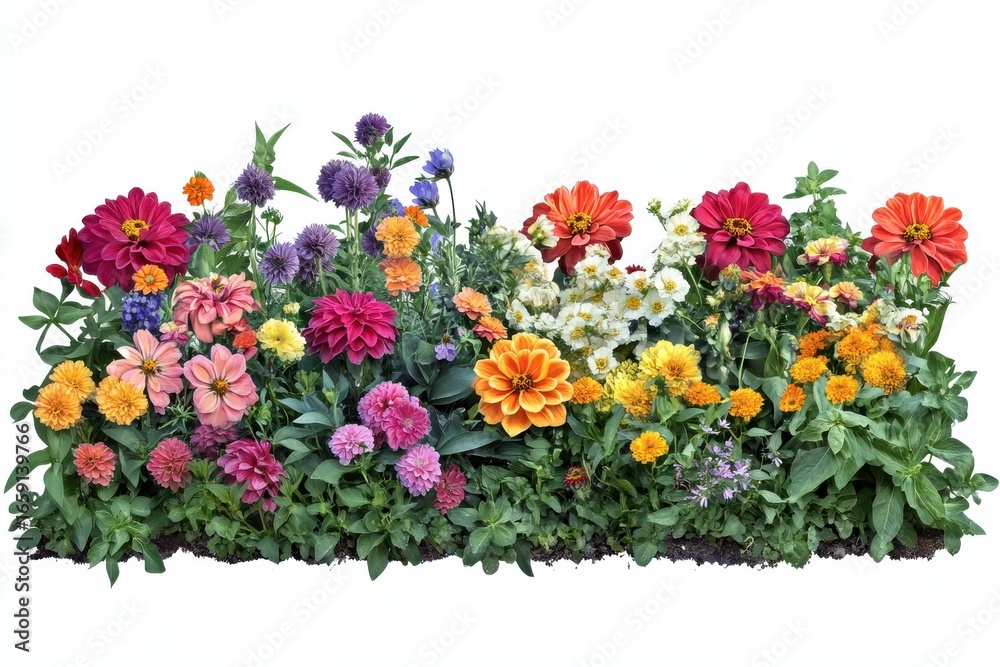 Obraz premium Colorful flower garden with zinnia blossom and floral arrangement view isolated on white background
