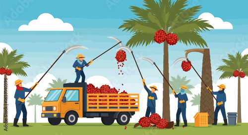 Palm Fruit Harvesting Scene with Workers, Truck and Tropical Landscape