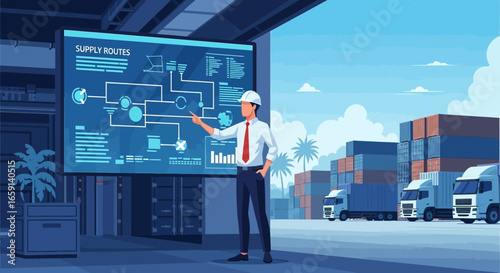 Logistics expert analyzing shipping routes on screen in a shipping yard