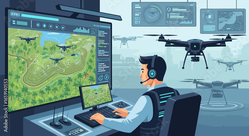 Drone control center managing aerial vehicle fleet for surveillance operations