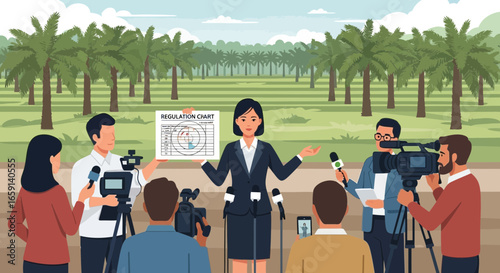 Woman announcing new regulations with palm trees background and press conference