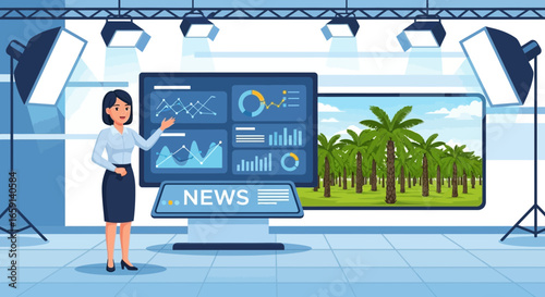 Animated news anchor presenting a report about tropical climate change challenges