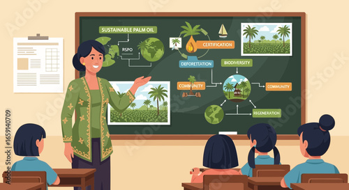 Illustrative class learning about sustainable palm oil practices in a classroom setting