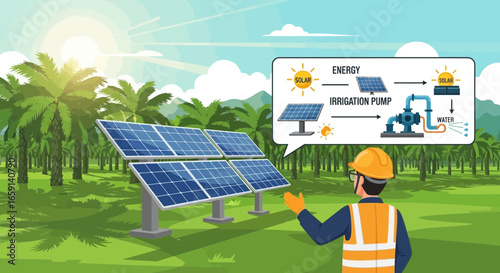 Illustration of a solar powered irrigation system in an agricultural setting