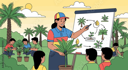Engaging illustration of a teacher educating students about plant growth cycles outdoors