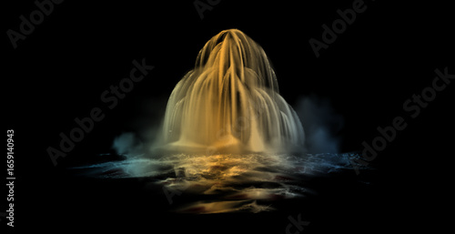 Waterfall cascade isolated on black background. Realistic natural waterfall with fog. Falling stream of clear liquid or water. Vector waterfall pattern for exotic landscape mountain design