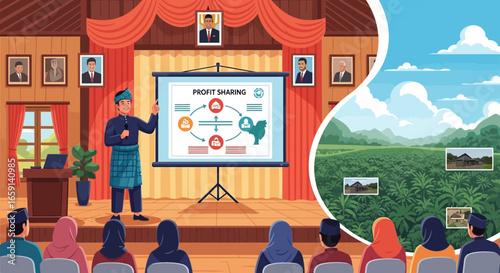 Illustration showcasing profit sharing presentation in a rural agricultural community