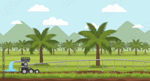 Automated irrigation system providing efficient watering in a palm plantation landscape