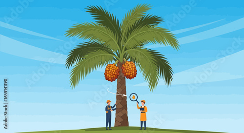 Inspecting Date Palm Sap: Agricultural Workers Assess Tree for Quality