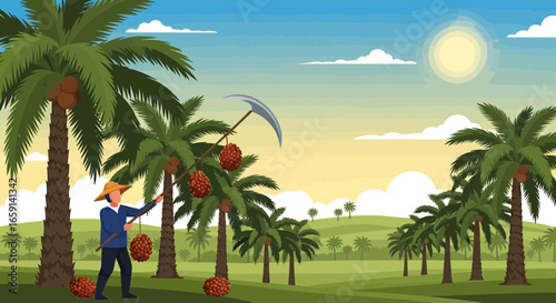 Palm Date Harvesting Scene Depicts Tropical Agriculture in Verdant Landscape