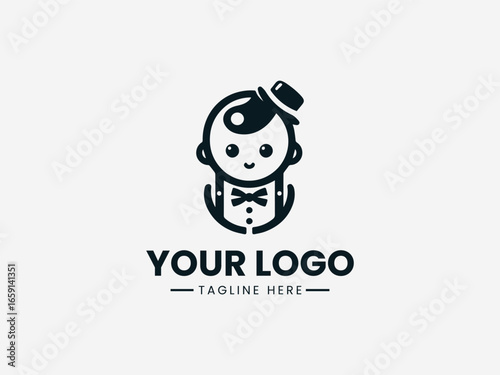 Dapper gentleman baby with bowtie and mustache in sophisticated vector logo