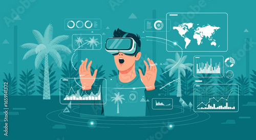 Immersive VR tropical experience showcasing data visualization and virtual travel