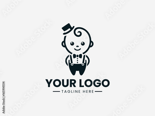 Dapper gentleman baby with bowtie and mustache in sophisticated vector logo