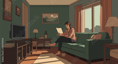 Cozy indoor scene with woman reading on sofa in a tranquil, sunlit apartment