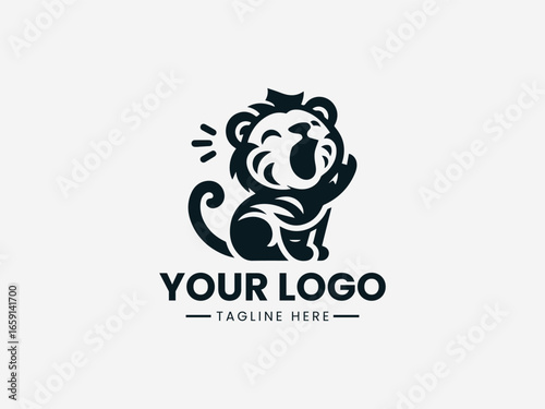 Adorable baby lion or tiger cub attempting a mighty roar in playful vector logo