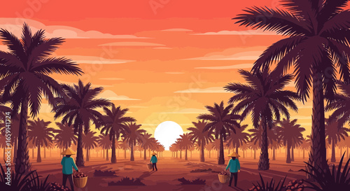 Palm grove at golden hour, with harvesting figures adding a serene touch