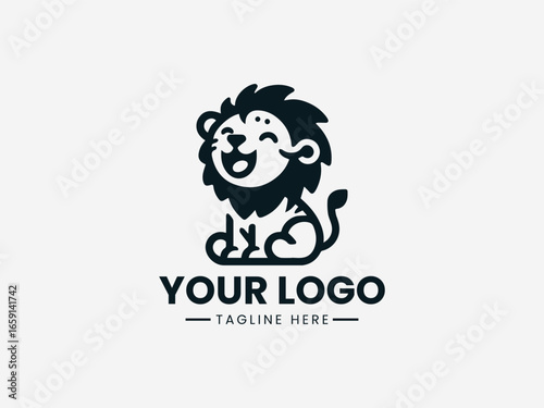 Adorable baby lion or tiger cub attempting a mighty roar in playful vector logo