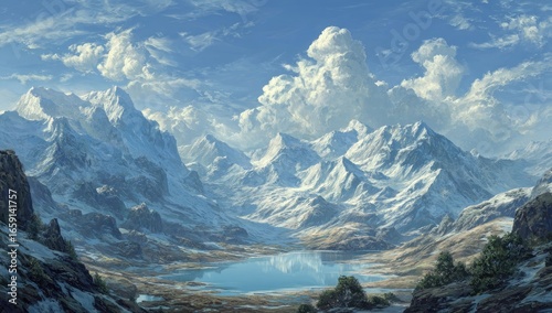 Wallpaper Mural Serene alpine lake nestled amidst snow-capped peaks under a bright, partly cloudy sky Torontodigital.ca