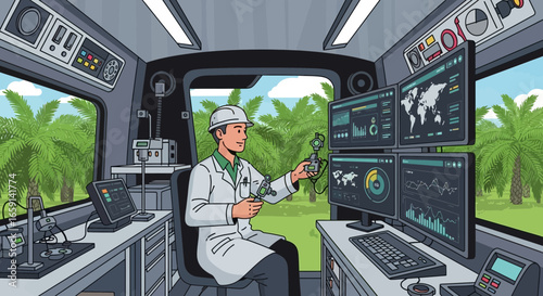 Scientist in mobile laboratory analyzes data amidst tropical palm trees scenery