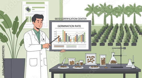 Scientist presenting seed germination analysis results at certification center